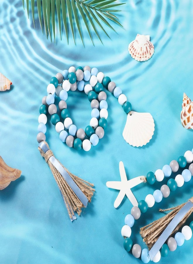 Zelphvt 2 PCS Farmhouse Seashell Bead Garland with Tassels Coastal Tiered Tray Decorations Set Wood Decorative Bead Garland Nautical Boho Home Decor for Kitchen and Living Room - Image 3